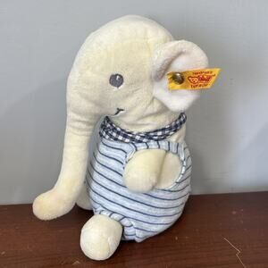 Steiff Baby Eli Elephant Blue Overalls Plush Stuffed Animal Lovey